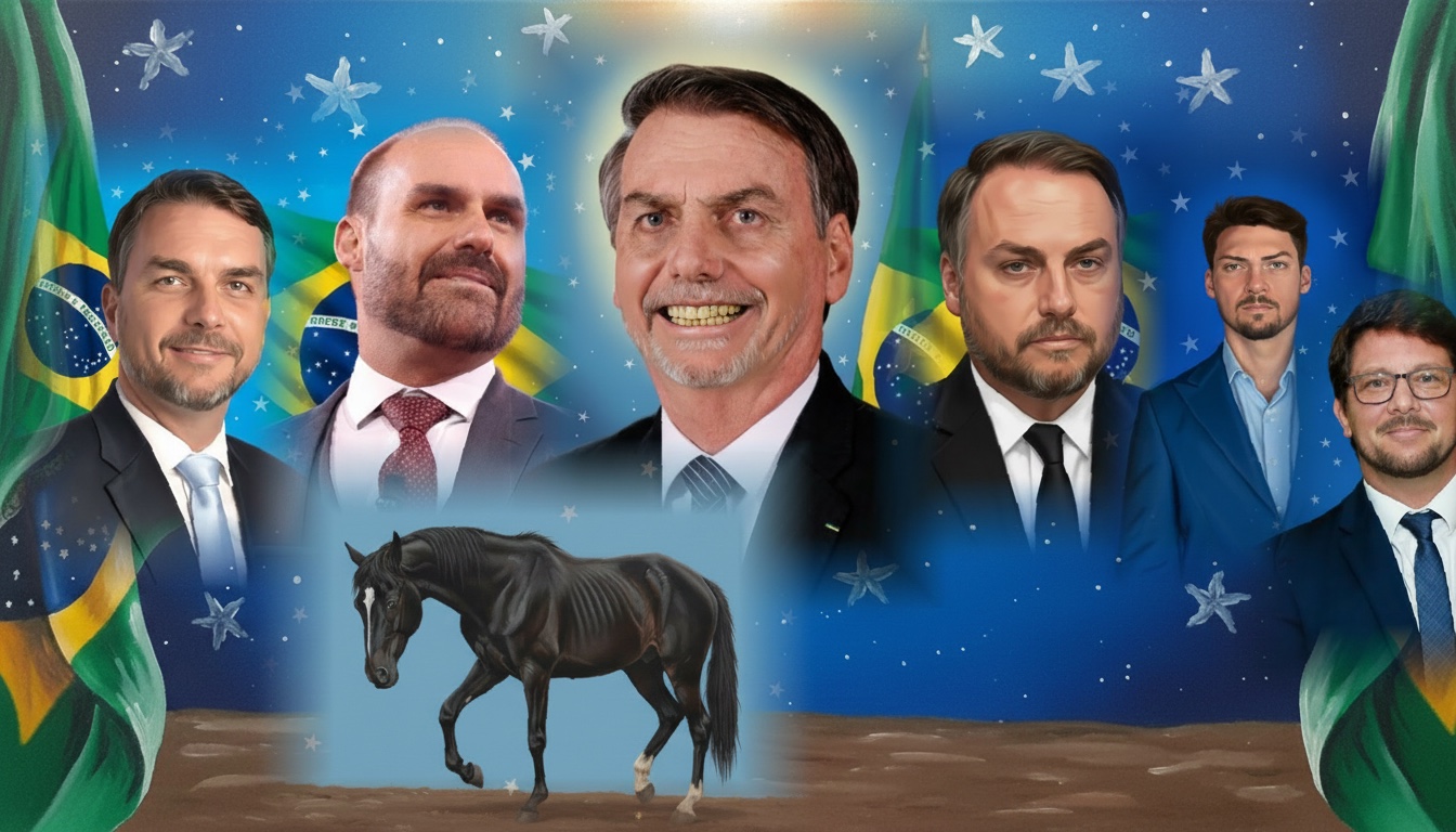 Pintura a óleo tosca da família reunida com Mario Frias e um pangaré preto capenga na frente